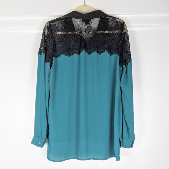 Metaphor Button Down Lace Teal Long Sleeve Top - Picture 2 of 6